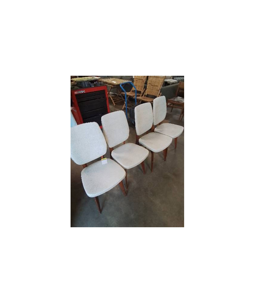 4 CHAISES BOIS ASSISE ET DOSSIER CAPITONNÉ SKAÏ ECRU ANNÉES 50
