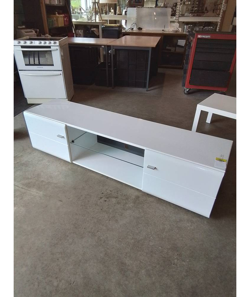 MEUBLE TV BAS BOIS NLANC LAQUÉ 2 PORTES 1 TABLETTE VERRE