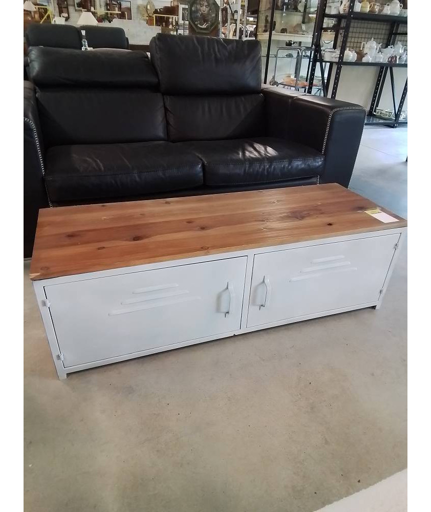 MEUBLE TV BAS MÉTAL ECRU 2 PORTES DESSUS PLATEAU BOIS STYLE INDUSTRIEL 