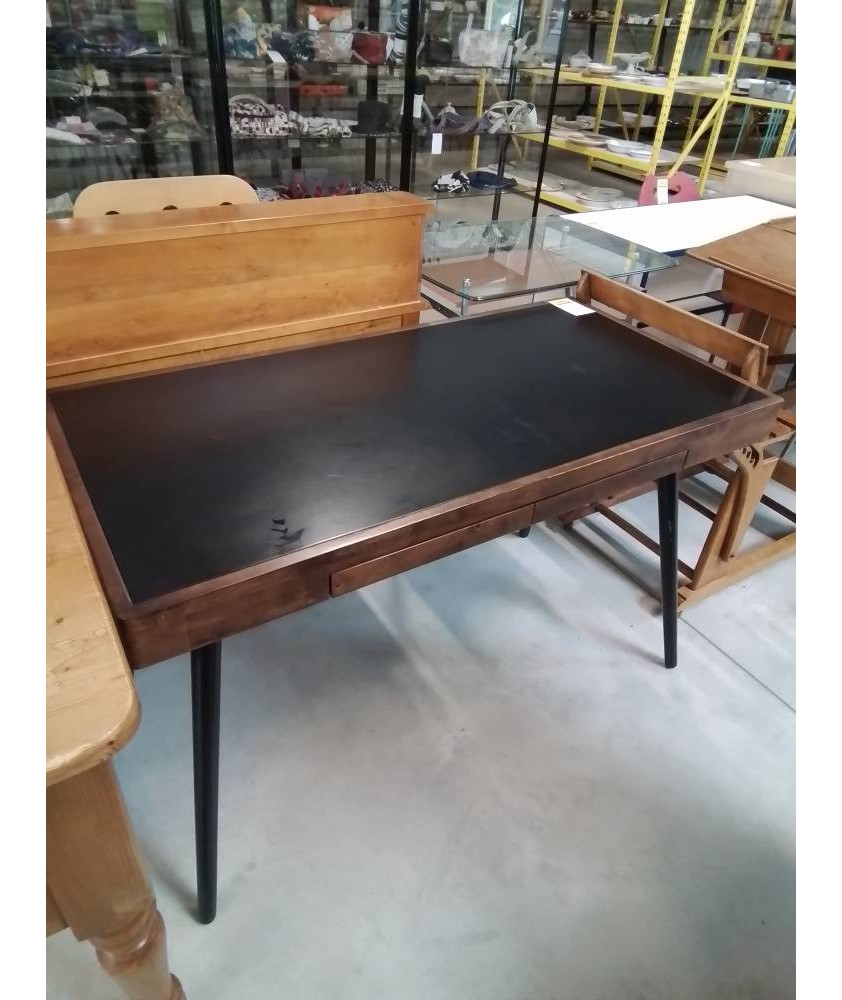 BUREAU RECTANGULAIRE BOIS MARRON ET NOIR PIEDS COMPAS 2 TIROIRS 