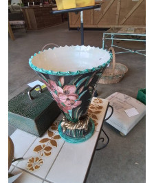 VASE VALLAURIS VERT DORÉ AUX FLEURS 30CM