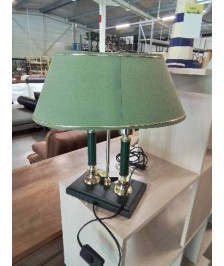 LAMPE BOUILLOTTE LAITON ET MÉTAL VERT 2 FEUX AJ TISSU VERT LISERÉ DORÉ 