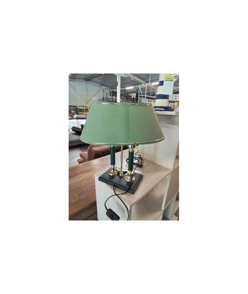 LAMPE BOUILLOTTE LAITON ET MÉTAL VERT 2 FEUX AJ TISSU VERT LISERÉ DORÉ 