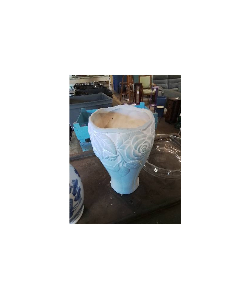 VASE CÉRAMIQUE BLEU AUX ROSES 