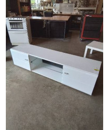 MEUBLE TV BAS BOIS NLANC LAQUÉ 2 PORTES 1 TABLETTE VERRE