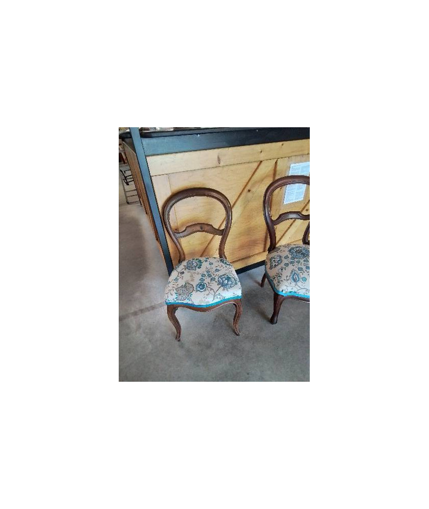 CHAISE NAPOLÉON III ACAJOU ASSISE CAPITONNÉ TISSU ECRU BLEU AUX FLEURS 