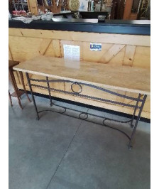 CONSOLE RECTANGULAIRE PIÈTEMENT FER FORGÉ NOIR PLATEAU BOIS ET RÉSINE 