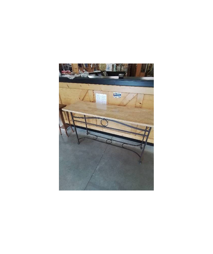 CONSOLE RECTANGULAIRE PIÈTEMENT FER FORGÉ NOIR PLATEAU BOIS ET RÉSINE 