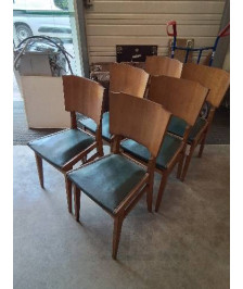 6 CHAISE BOIS CLAIR ASSISE CAPITONNÉ SKAI VERT ANNÉES 50