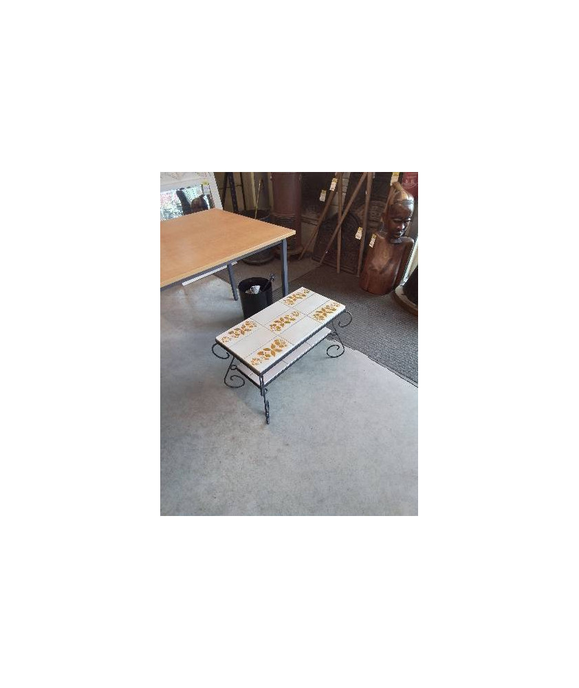 TABLE BASSE RECTANGULAIRE PIÈTEMENT FER FORGÉ NOIR 2 PLATEAU CARRELÉ ANNÉES 50