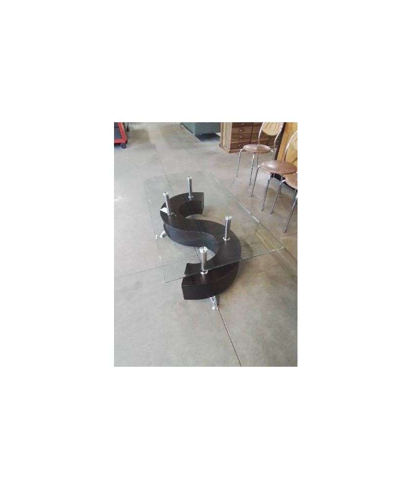 TABLE BASSE RECTANGULAIRE MÉTAL CHROMÉ ET BOIS MARRON PLATEAU VERRE 2 TIROIRS COULISSANTS