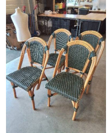 4 CHAISES DE TERRASSE ROTIN ET RÉSINE TRESSÉE VERT ROLAND VLAEMYNCK TISSEUR 