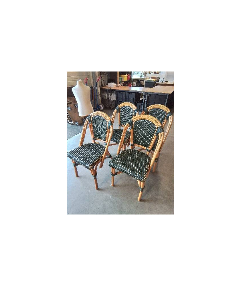 4 CHAISES DE TERRASSE ROTIN ET RÉSINE TRESSÉE VERT ROLAND VLAEMYNCK TISSEUR 