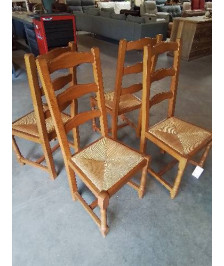 4 CHAISES BOIS CLAIR PAILLÉ A ENTRETOISE DOSSIER 3 BARREAUX CHANTOURNÉ 