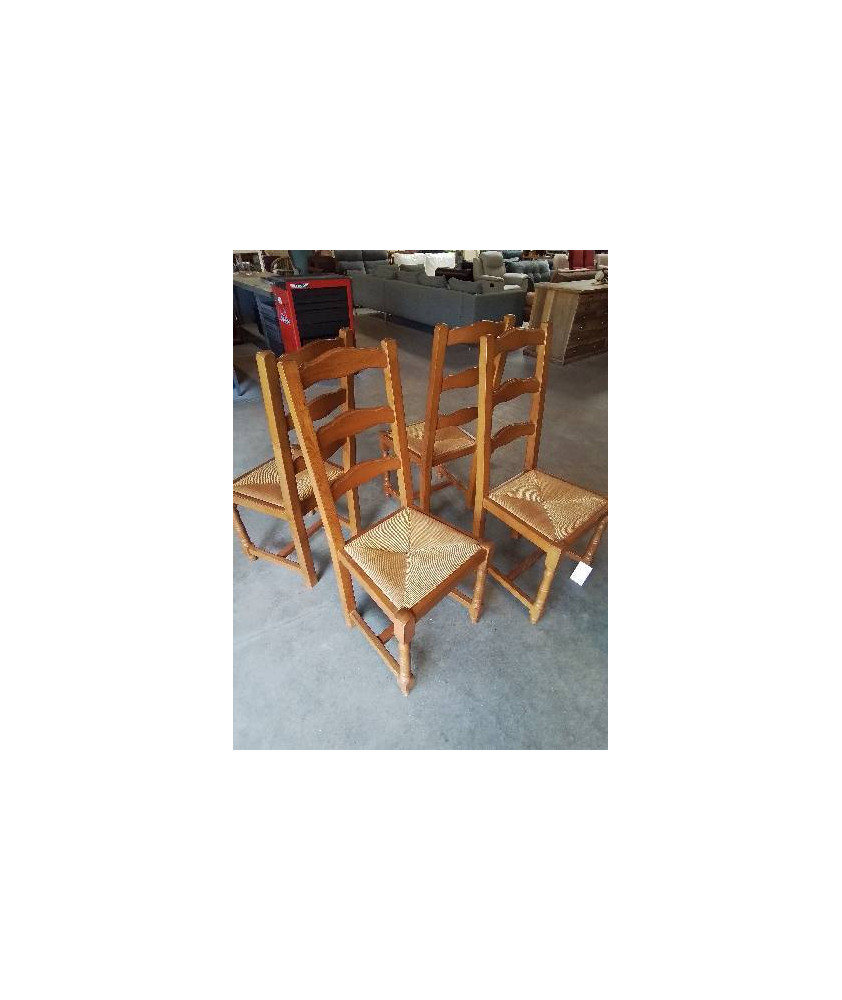 4 CHAISES BOIS CLAIR PAILLÉ A ENTRETOISE DOSSIER 3 BARREAUX CHANTOURNÉ 