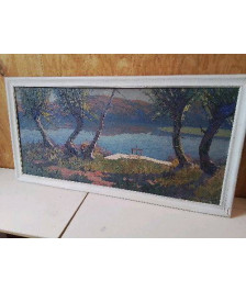 PEINTURE SUR BOIS ’ LAC DE LA MONTAGNE BOUBONNAISE’ PAR RAYMOND MARTINEZ