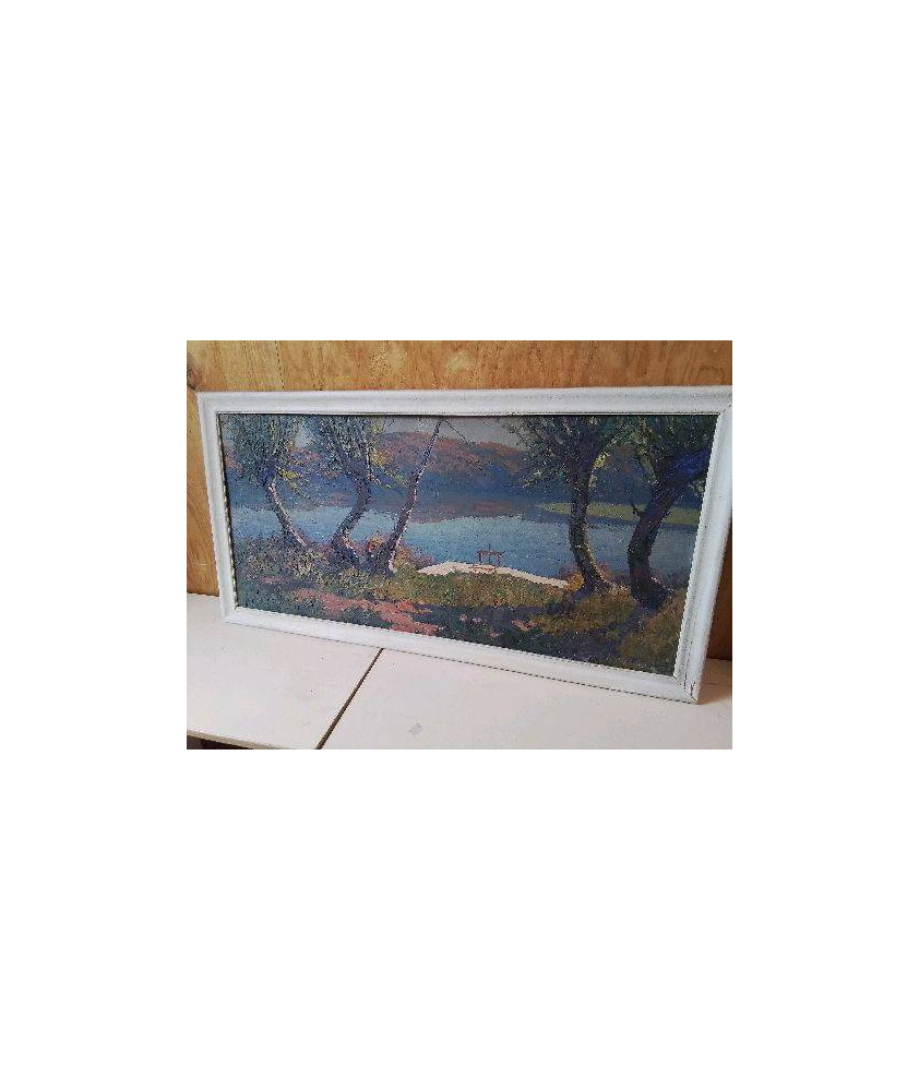 PEINTURE SUR BOIS ’ LAC DE LA MONTAGNE BOUBONNAISE’ PAR RAYMOND MARTINEZ