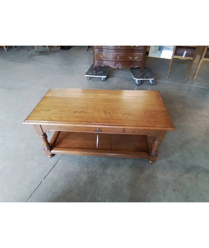 TABLE BASSE BOIS A COLONNES 2 PLATEAUX 1 TIROIR STYLE RÉGENCE