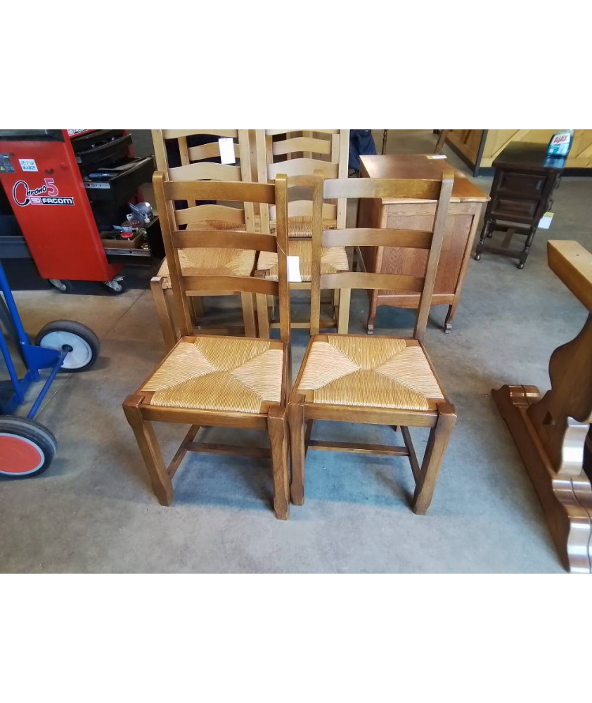 PAIRE DE CHAISES BOIS PAILLÉ PIEDS CHANFRENES DOSSIER 3 BARREAUX 