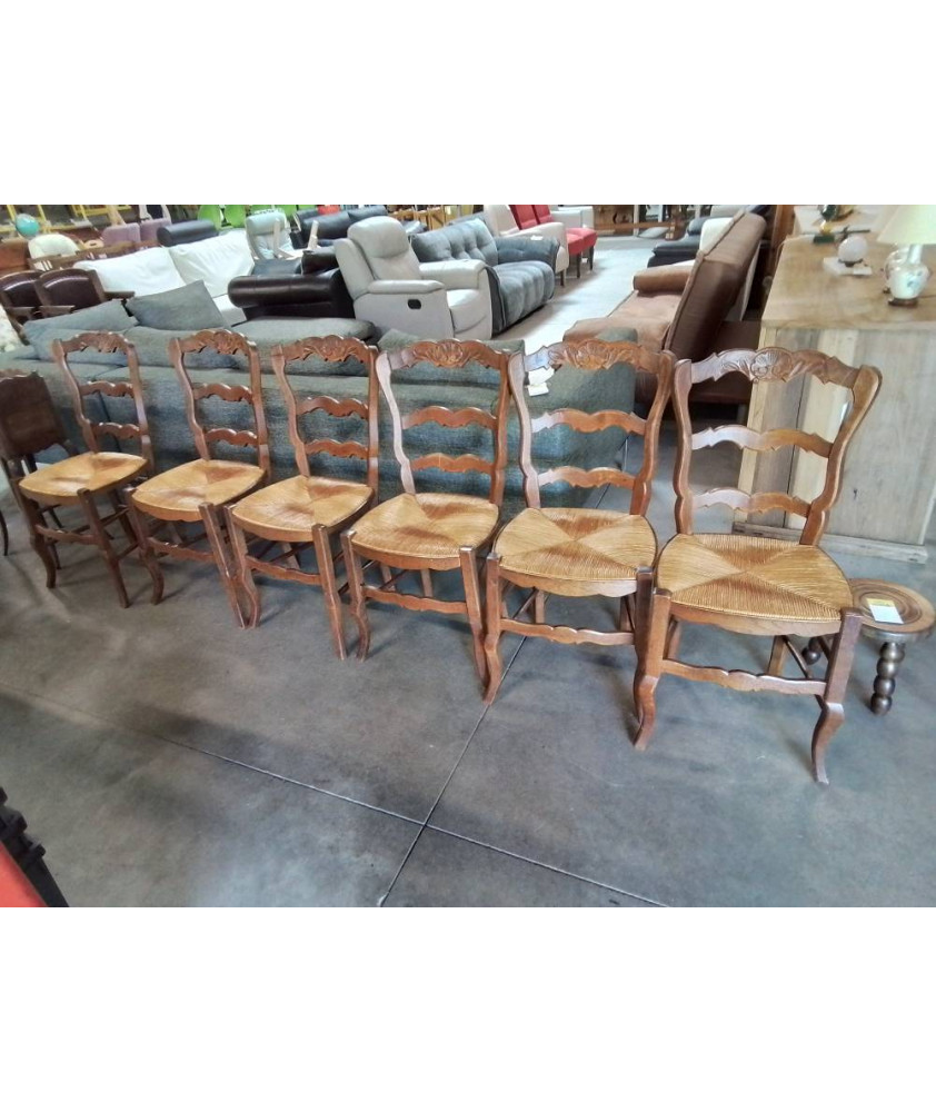 6 CHAISES BOIS PAILLÉ STYLE RÉGENCE DOSSIER CHANTOURNÉ COQUILLE 