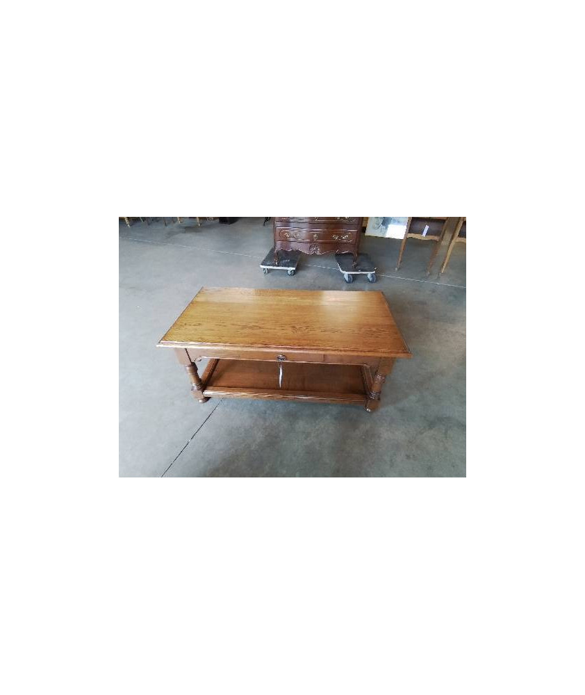 TABLE BASSE BOIS A COLONNES 2 PLATEAUX 1 TIROIR STYLE RÉGENCE
