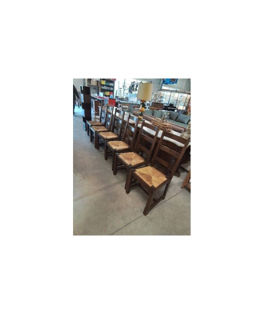 6 CHAISES BOIS PAILLÉ A ENTRETOISE DOSSIER 3 BARREAUX 