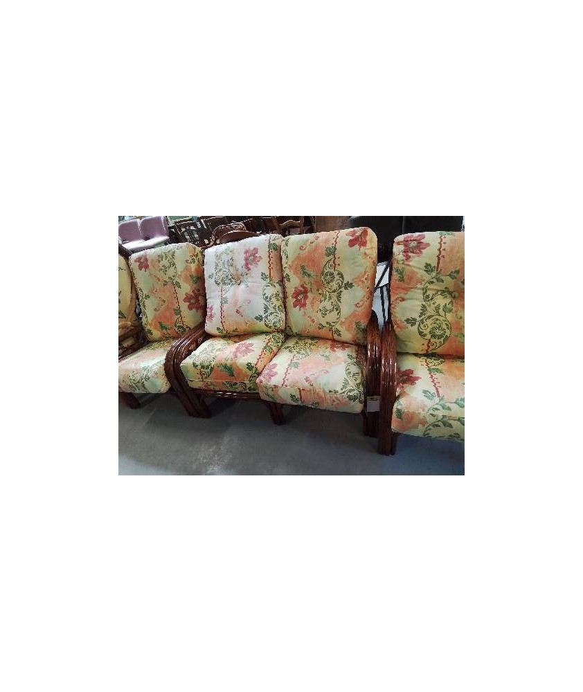 CANAPÉ ROTIN ASSISE ET DOSSIER TISSU JAUNE AUX  FLEURS ROUGE