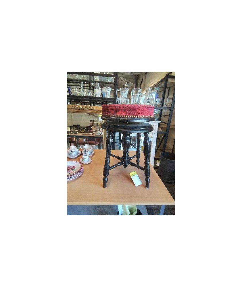 TABOURET DE PIANO RÉGLABLE NAPOLÉON III BOIS NOIRCI ASSISE VELOURS ROUGE
