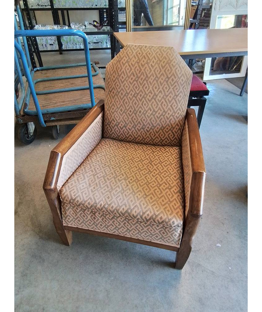 FAUTEUIL ART DÉCO BOIS CAPITONNÉ TISSU ORANGÉ 