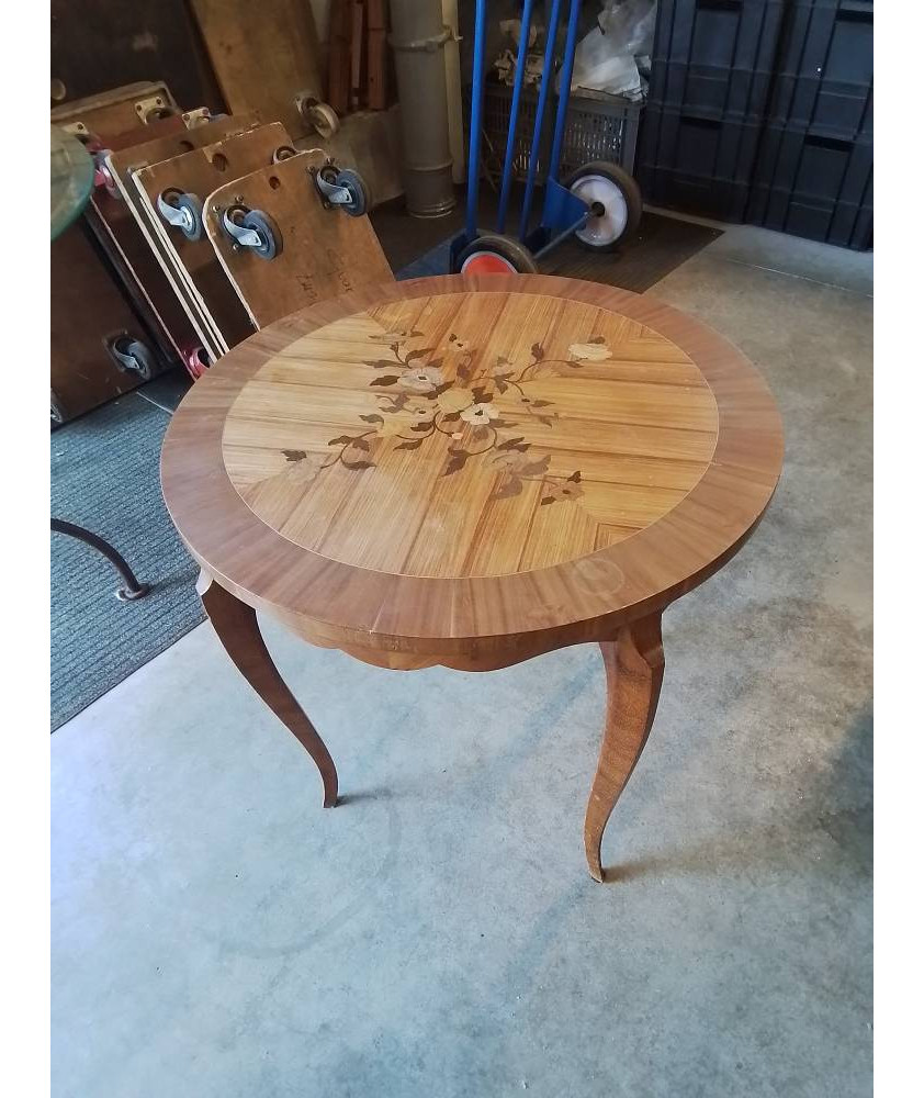 GUERIDON ROND BOIS CLAIR PLATEAU MARQUETÉ DÉCOR AUX ROSES