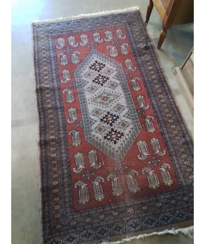 TAPIS LAINE FAIT MAIN BLEU MARRON ROUGE 163X93CM