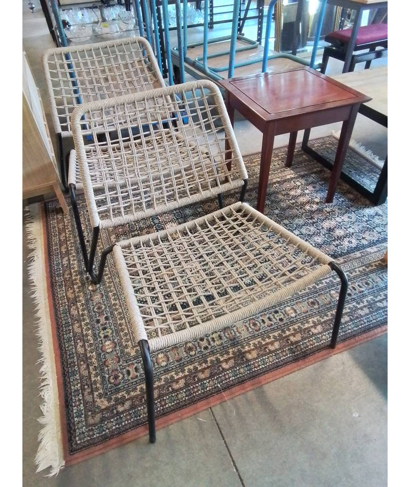 FAUTEUIL DE JARDIN PIÈTEMENT MÉTAL NOIR ASSISE CORDAGE TRESSÉE BEAUX JOURS