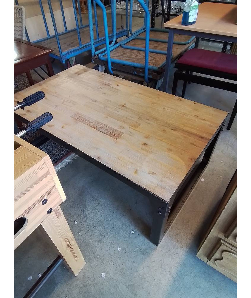 TABLE BASSE RECTANGULAIRE PIÈTEMENT MÉTAL NOIR PLATEAU BOIS STYLE INDUSTRIEL 