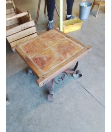 TABLE BASSE CARRÉ FER FORGÉ PLATEAU BOIS CARRELÉ 