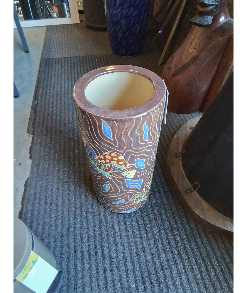 PORTE PARAPLUIE CÉRAMIQUE ÉMAILLÉE DÉCOR AUX CHAMPIGNONS 