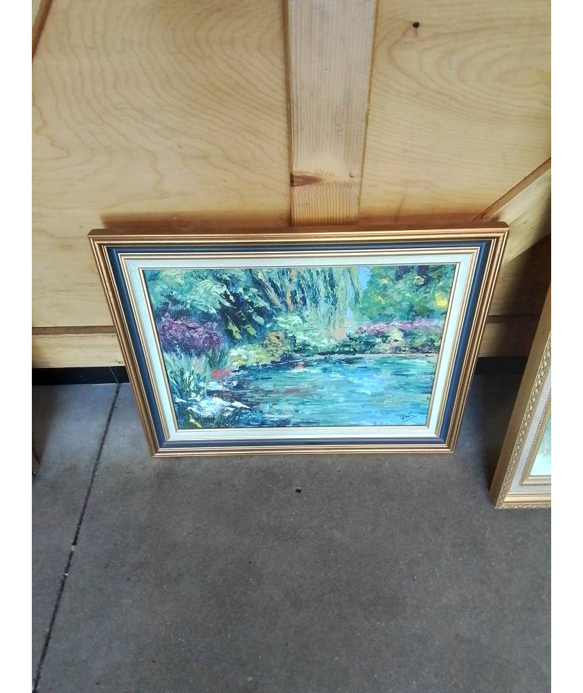 HUILE SUR TOILE LAC CADRE DORÉ LISERÉ BLEU