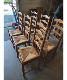 6 CHAISES BOIS PAILLÉ A ENTRETOISE PIEDS BALUSTRE DOSSIER 4 BARREAUX CHANTOURNÉ 