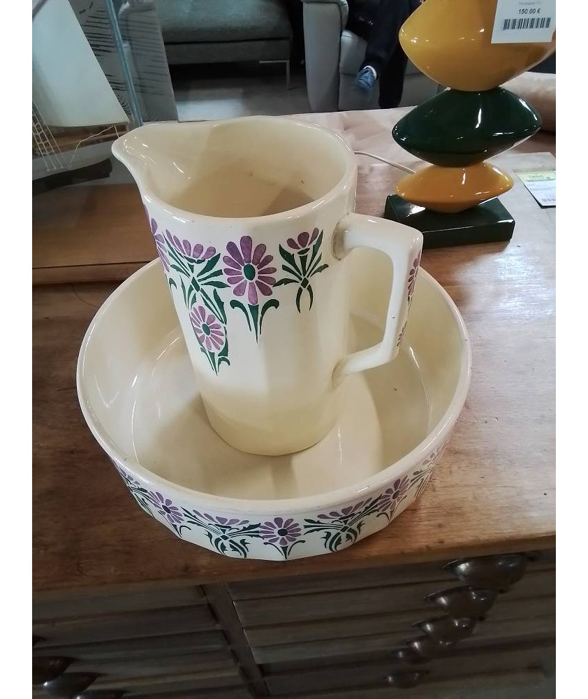 NÉCESSAIRE DE TOILETTE 2 PIÈCES CERAMIQUE ÉCRU AUX FLEURS HAMAGE MOULIN DES LOUPS DÉBUT XXE