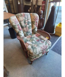 FAUTEUIL BOIS ASSISE ET DOSSIER TISSU DÉCOR AUX FRUITS ACCOTOIRS CANNÉS