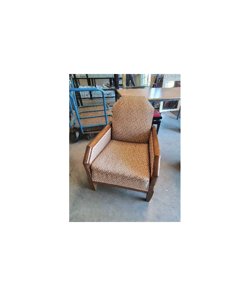 FAUTEUIL ART DÉCO BOIS CAPITONNÉ TISSU ORANGÉ 