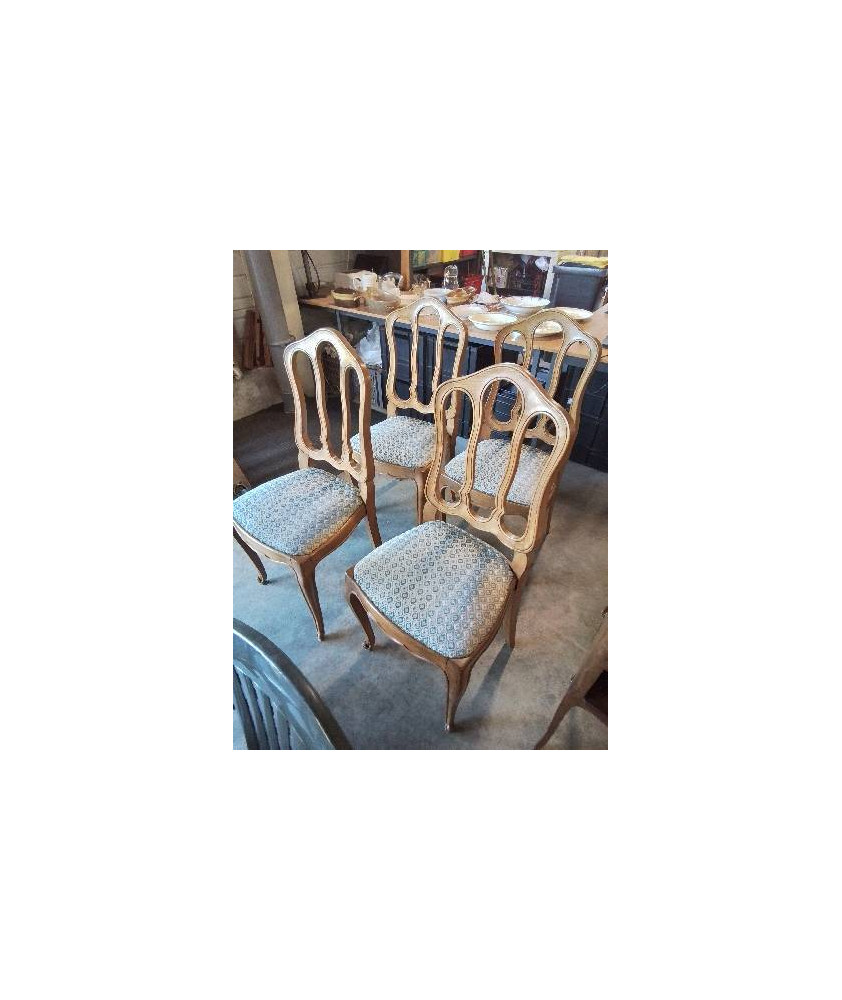 4 CHAISES BOIS CLAIR ASSISE CAPITONNÉ TISSU ECRU VERT DOSSIER CINTRÉ A BARREAUX VERTICAUX 