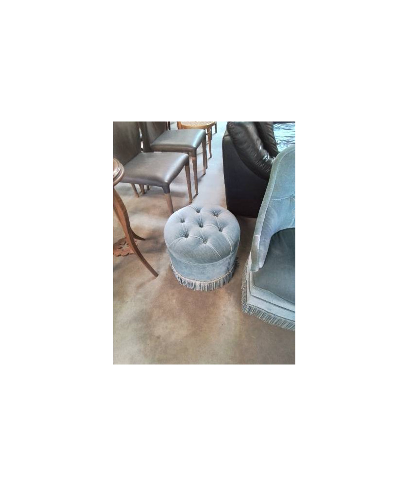 TABOURET ROND VELOURS BLEU A FRANGES 