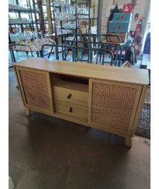 ENFILADE BOIS CLAIR 2 PORTES COULISSANTES 2 TIROIRS 1 NICHE PIEDS COMPAS 