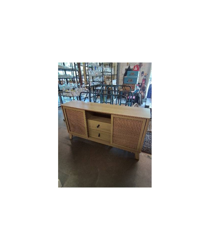 ENFILADE BOIS CLAIR 2 PORTES COULISSANTES 2 TIROIRS 1 NICHE PIEDS COMPAS 