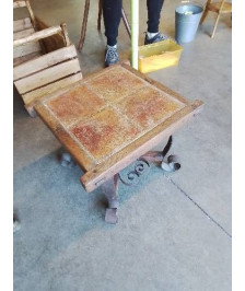 TABLE BASSE CARRÉ FER FORGÉ PLATEAU BOIS CARRELÉ 