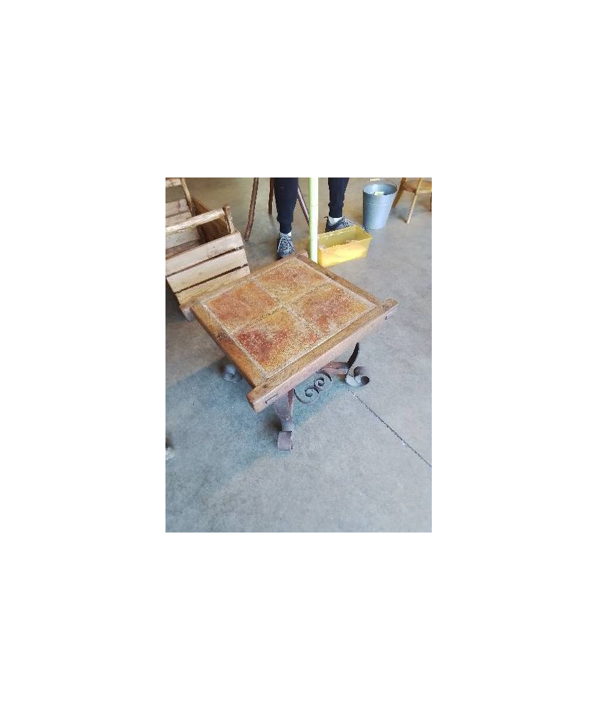 TABLE BASSE CARRÉ FER FORGÉ PLATEAU BOIS CARRELÉ 