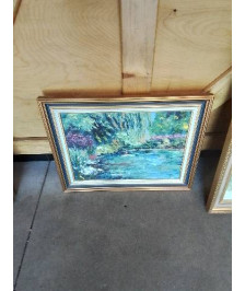 HUILE SUR TOILE LAC CADRE DORÉ LISERÉ BLEU