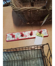 PORTE MANTEAU MURAL BOIS ROUGE AUX FLEURS 4 PATÈRES 