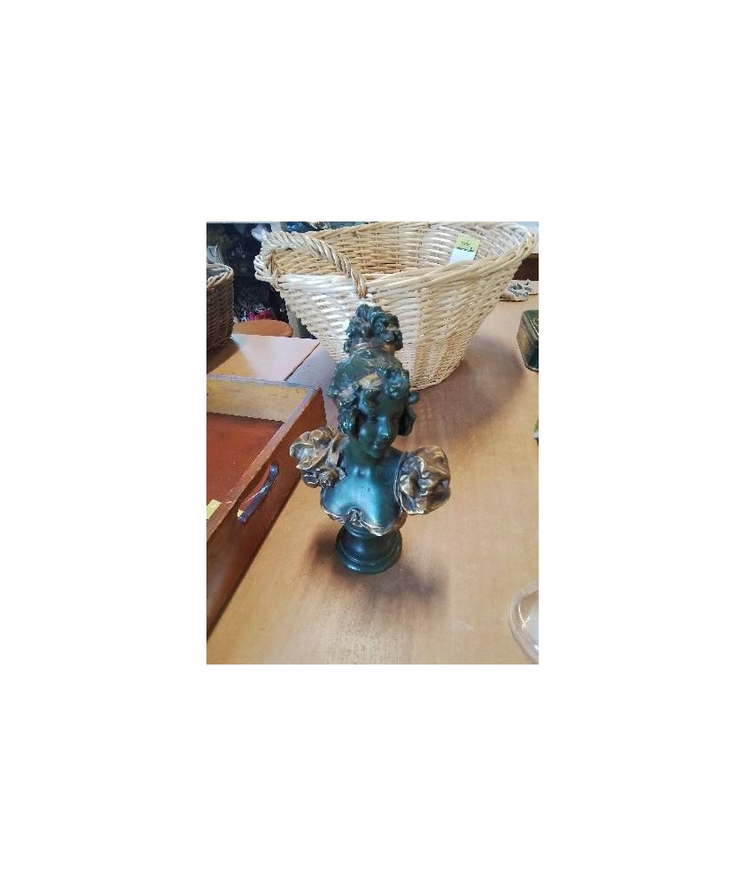 BUSTE JEUNE FILLE PLATRE PATINÉ VERT ET DORÉ 