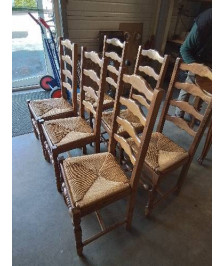 6 CHAISES BOIS PAILLÉ A ENTRETOISE PIEDS BALUSTRE DOSSIER 4 BARREAUX CHANTOURNÉ 